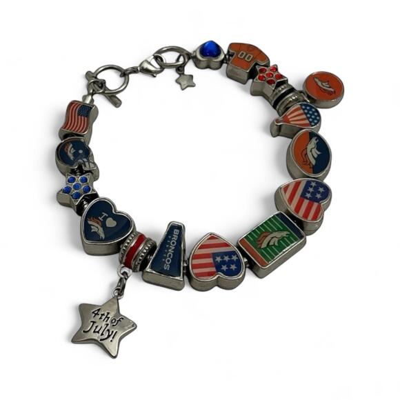 Silver Denver Broncos 4th of July Blue & Orange Charm Bracelet - Picture 1 of 4
